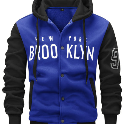 Men's 'BROOKLYN' Pattern Color Blocking Hooded Jacket, Casual Preppy Style Coat For Spring And Autumn Outdoors As Gift