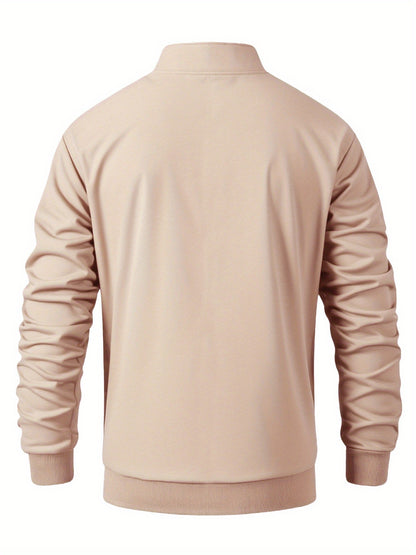 Men's Solid Color Green Full-Zip Stand Collar Jacket - Lightweight Workwear Coat with Zippered Pockets, Machine Washable, Regular Fit for Gym, Hiking, Casual & Outdoor Activities - Versatile All-Season Outerwear