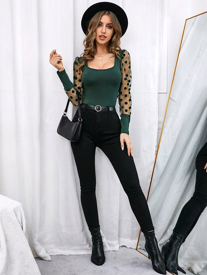 Նոր ոճի U-ձև օձիքով ցանցկեն, պոլկա կետերով երկար թևքով, միագույն, ներքնազգեստով, ամենօրյա, բազմակողմանի վերնաշապիկ