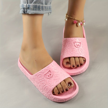 Women's Cute Bear Pattern Slides, Casual Open Toe Soft Sole Shoes, Lightweight Slip On Beach Slides