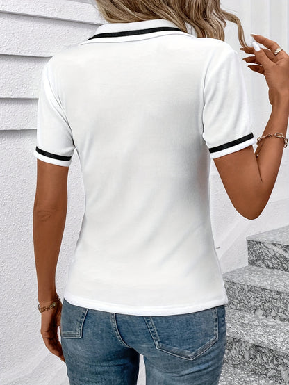 Women's Elegant Black Shirt with White Collar & Cuff Detail - Short Sleeve, Zippered, Stretchy Polyester-Spandex Blend, Machine Washable, Perfect for Casual or Professional Outfits