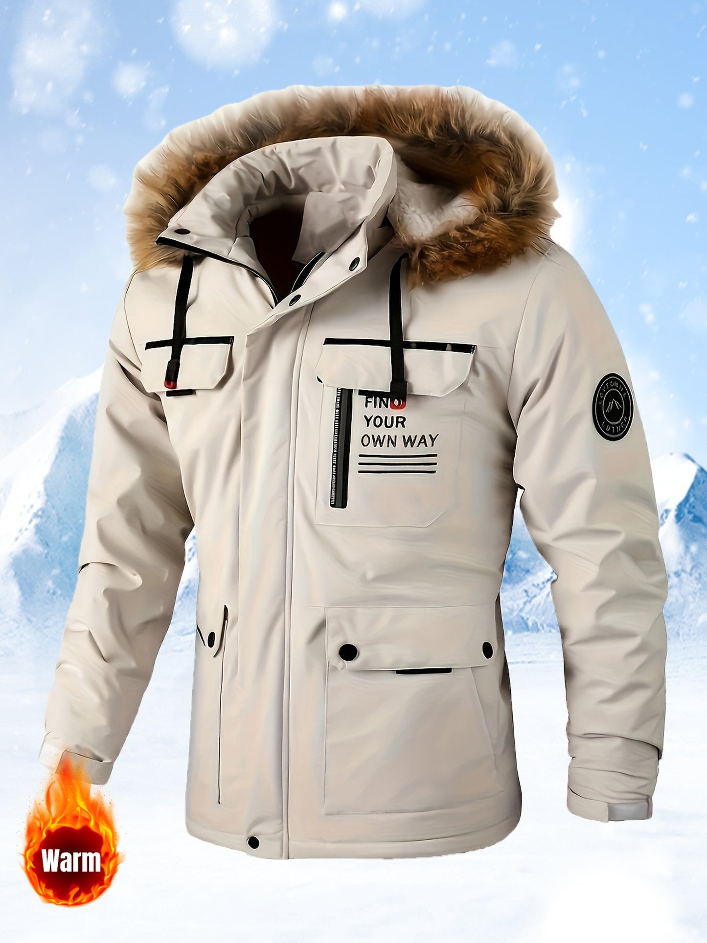 Men's Thermal Fleece-Lined Parka Jacket - Casual Outdoor Hooded Coat with Multiple Pockets, Detachable Bomber Style for Winter Adventures