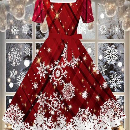 Women's Elegant Red & White Snowflake Print Winter Dress with Square Neckline & A-Line Silhouette - Machine Washable Floor-Length Party Dress for Christmas, New Year's Eve, Everyday & Formal Events - Festive Winter Outfits, F