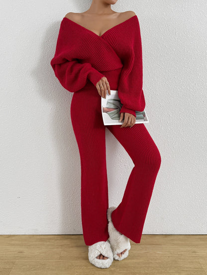 Կանացի աշնանային ձմեռային սվիտեր, V-աձև դեկոլտեով, անթև, պուլովեր և լայն տաբատ, էլեգանտ երկու մասից բաղկացած հավաքածու