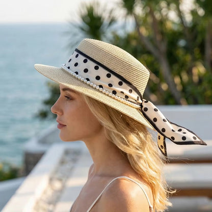 Women's Wide-Brim Summer Straw Hat with Ribbon Bow