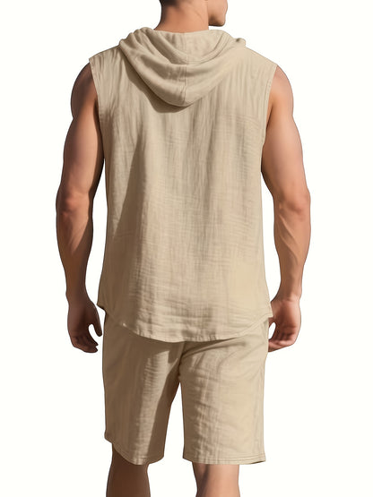 Men's Summer Linen Hooded Sleeveless Shirt & Shorts Set