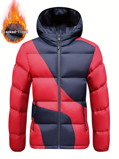 Men's Insulated Winter Jacket with Removable Hood & Thickened Lining - Dark Green/Black Color-Block Design, Zippered Pockets, Full-Zip Closure, Polyester Shell & Insulation for Casual Outdoor & Casual Attire - Cold Weather Co