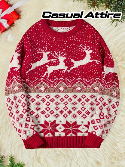 Men's Red & White Nordic Winter Knit Sweater with Reindeer & Snowflake Patterns - Soft Round Neck Long Sleeve Christmas Sweater for Men, Cozy Casual Winter Sweater for Holiday Parties & Casual Attire, Hand Washable, Festive S