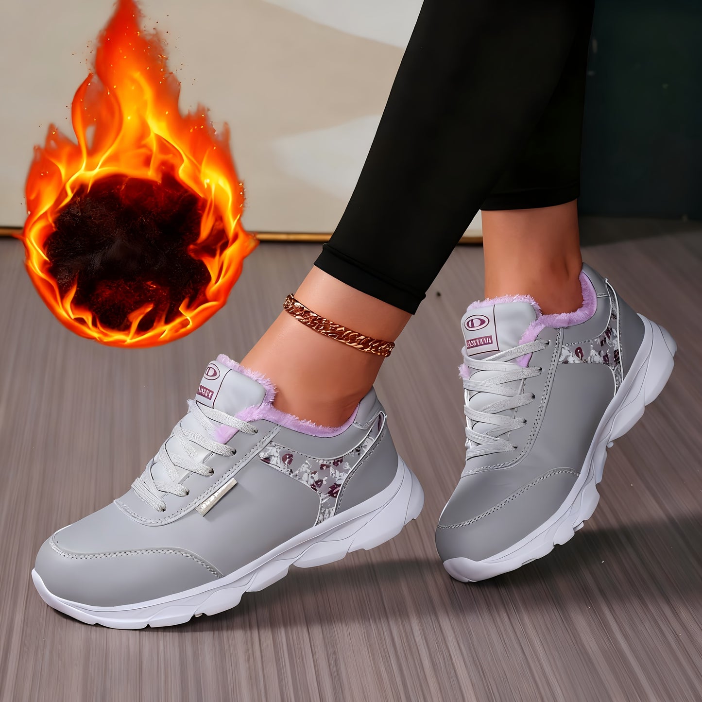 Կանացի ձմեռային ջերմային բրդյա կարճ կոշիկներ՝ մոխրագույն և վարդագույն արհեստական ​​վերին մասով, ամուր ներբանով, կապիչներով, ցածր գագաթով, ձնագնացության համար նախատեսված, առօրյա և տաք, ցուրտ եղանակի համար նախատեսված կոշիկներ։