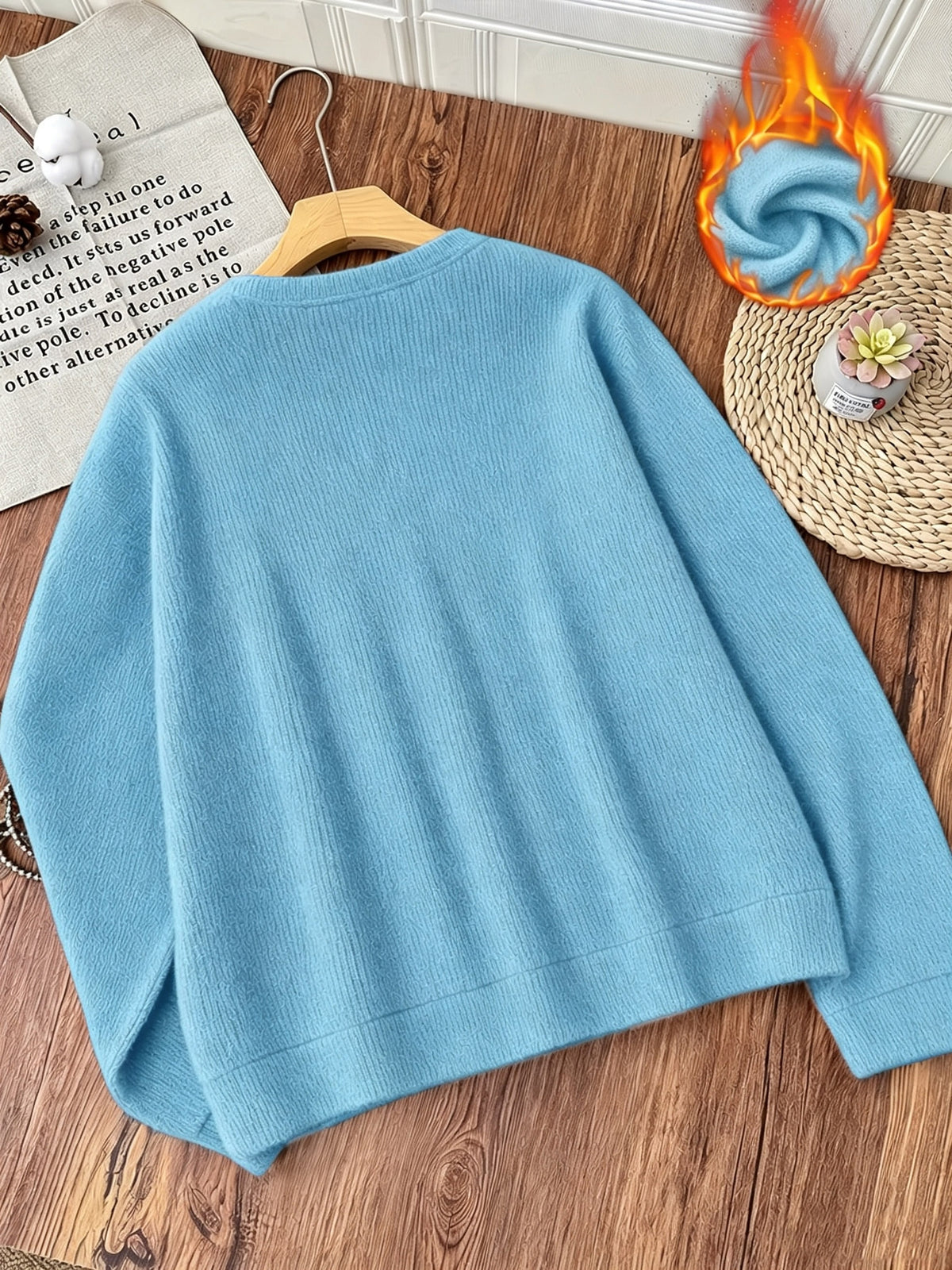 Women's Plush Long Sleeve Crew Neck Sweater - Casual Warm Pullover