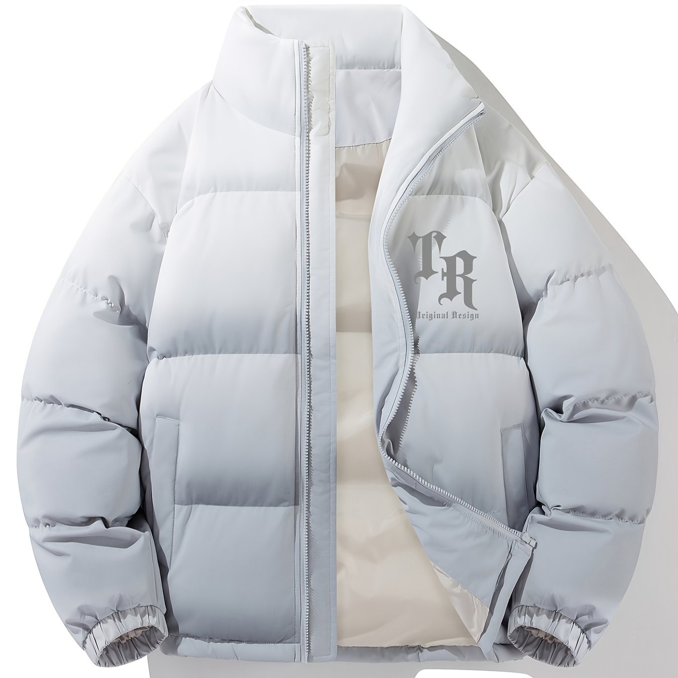 1 հատ տղամարդու փողոցային ոճի վերարկու՝ կանգնած օձիքով, այբուբենի նախշերով, սովորական չափսերով, լարերով, չձգվող գործվածքով պոլիեսթեր, 100% պոլիեսթերային լցոն, երկար թևքերով, ամենօրյա տաք, գրադիենտային բաճկոն՝ աշնանային և ձմեռային համար