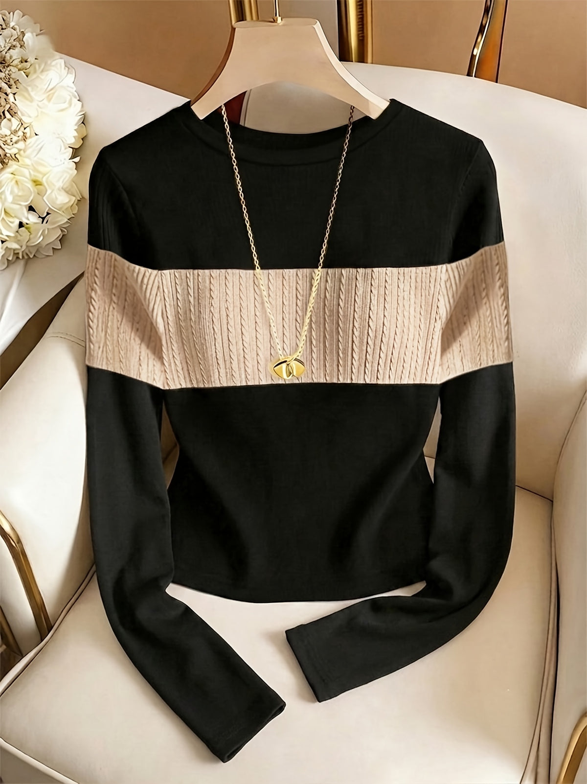 Women's Elegant Color-Block Long Sleeve Crew Neck Top
