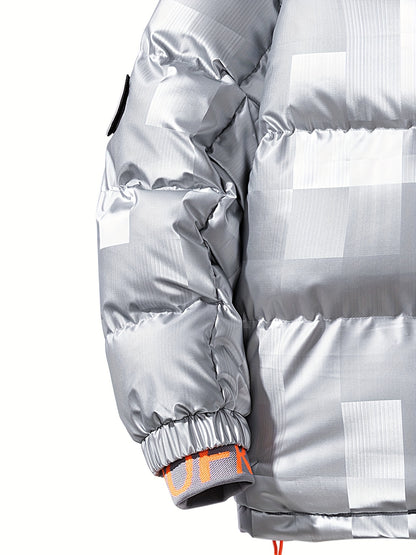 Men's Checkered Graphic Print Padded Outwear With Pockets, Casual Zip Up Long Sleeve Warm Hooded Outwear For Winter Outdoor Activities