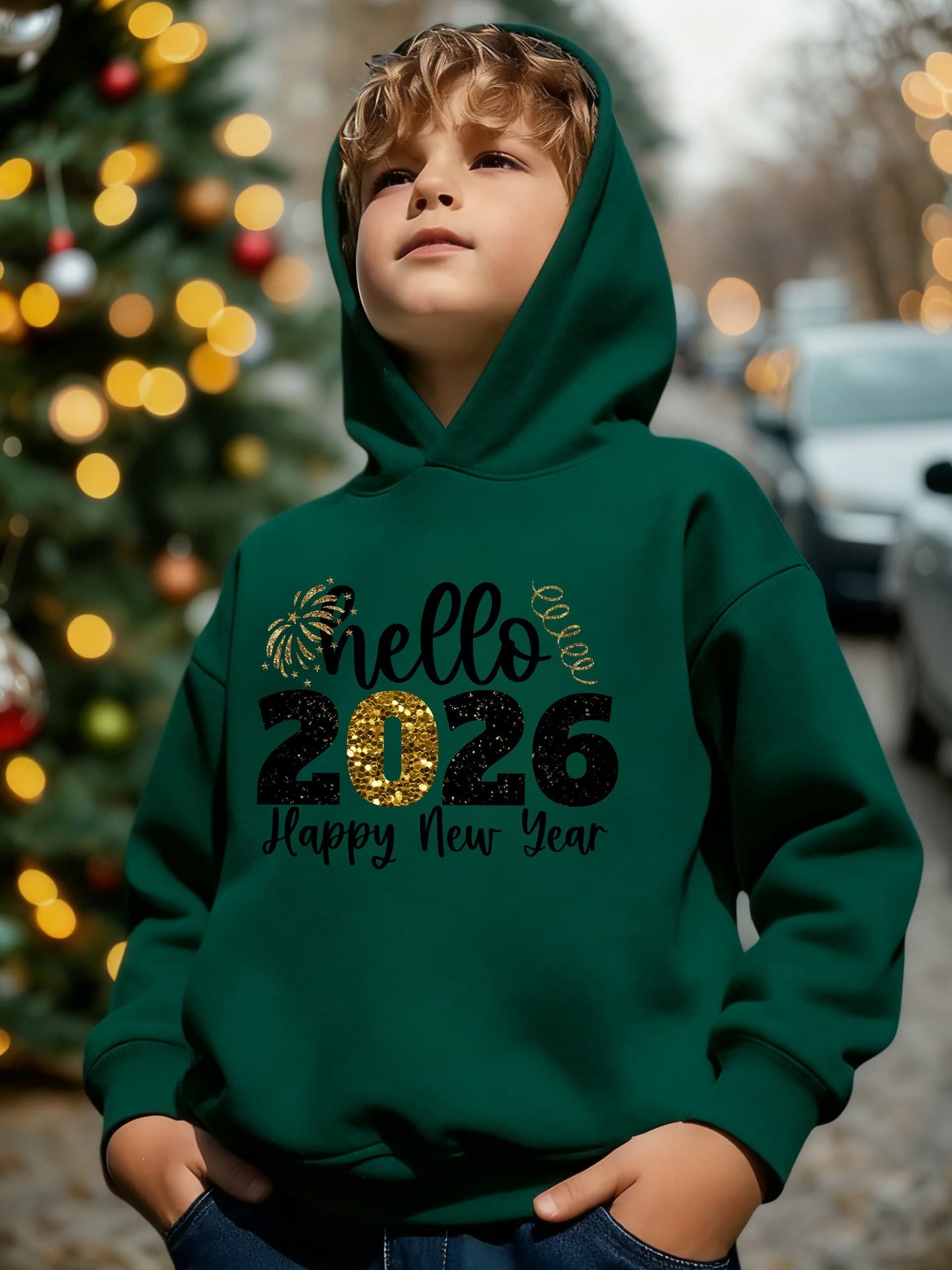 Boys' 2026 New Year Hooded Sweatshirt - Hello 2026 Happy New Year Lettering, Mint Green with Golden Accents, Loose Fit Long Sleeve Pullover for Boys