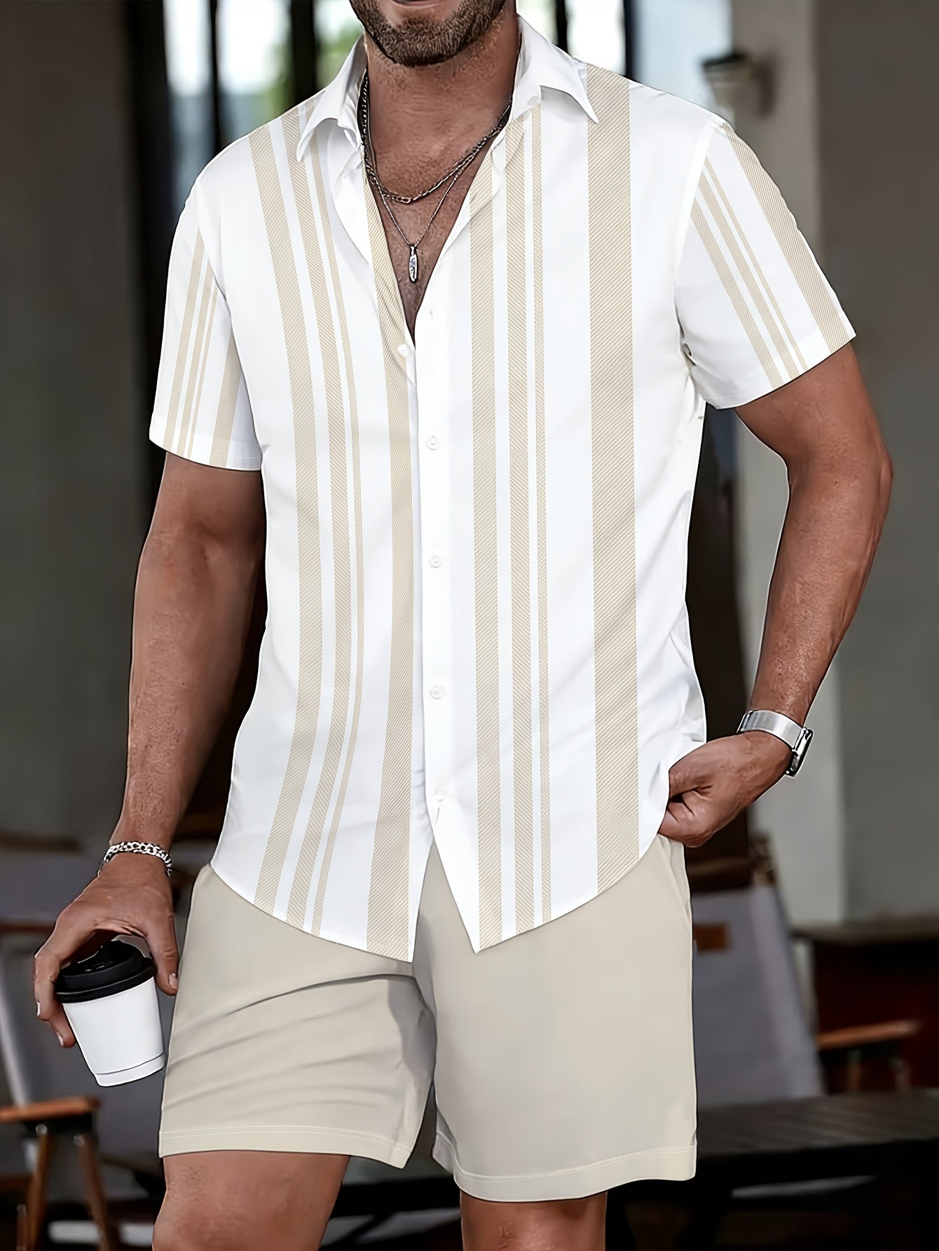 Men's Casual 2-Piece Striped Shirt & Shorts Summer Set