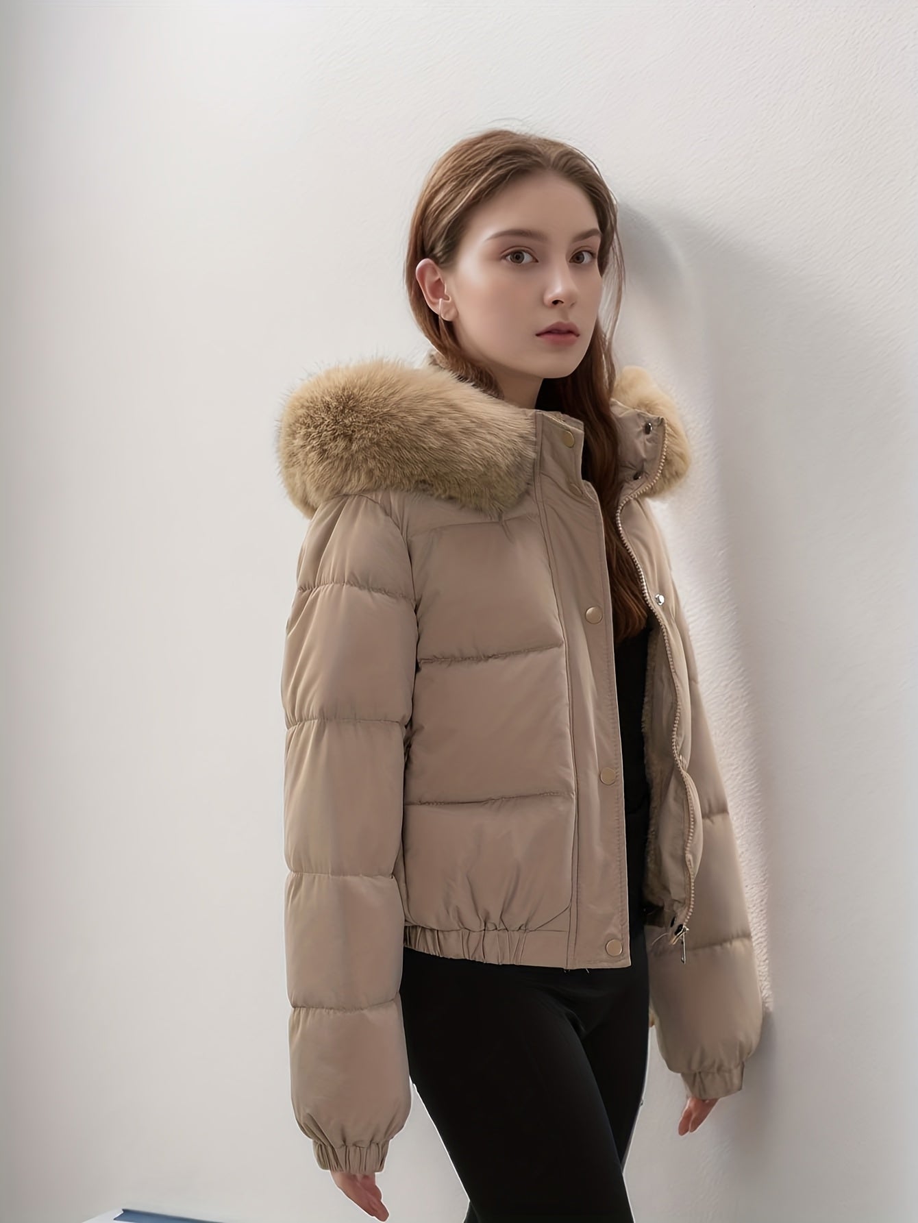 Women'S Winter Coat with Removable Faux Fur Hood - Thickened Loose Fit Long Sleeve Jacket, Zippered Pockets & Button Front, Casual Solid Color Outerwear for Cold Weather, Cozy Warmth, Buttoned Closure, Durable Fabric