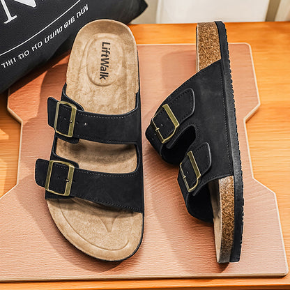 Men's Casual Outdoor Slip-On Sandals with Cork Sole and Double Buckles