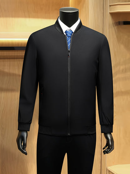 Men's Solid Burgundy (or other colors available) Slim-Fit Full-Length Zip-Up Jacket - Lightweight Business Casual Coat with Full-Length Zipper Closure, White Collar & Full-Length Zip Jacket for Office, Semi-Formal & Semi-Prof