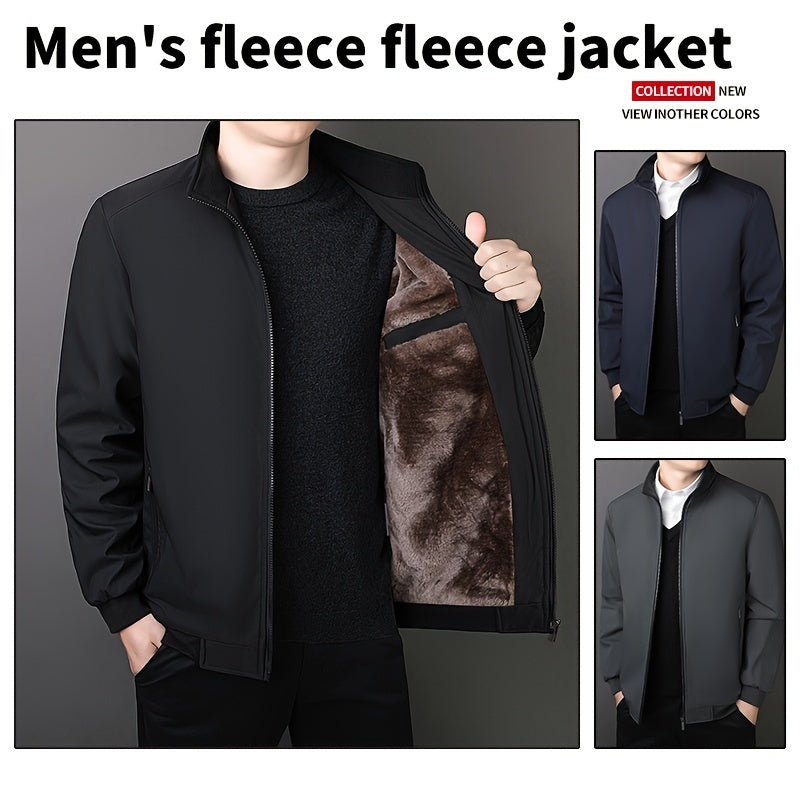Men's Fleece-Lined Zip-Up Jacket - Casual Stand Collar, Outdoor Sports Coat with Pockets, Machine Washable