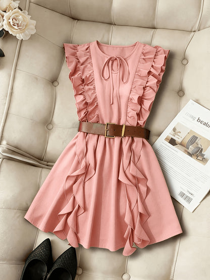 Vintage Waist-Cinching Solid Ruffle Mini Dress for Women