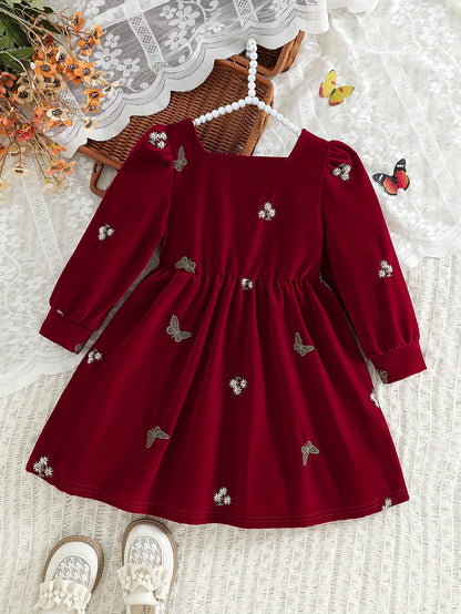 Dreamy Party Dress for Girls - Sweet 3-D Bow with Playful Embroidered Accents, Long Sleeve Spring/Fall Holiday Gathering Outfit