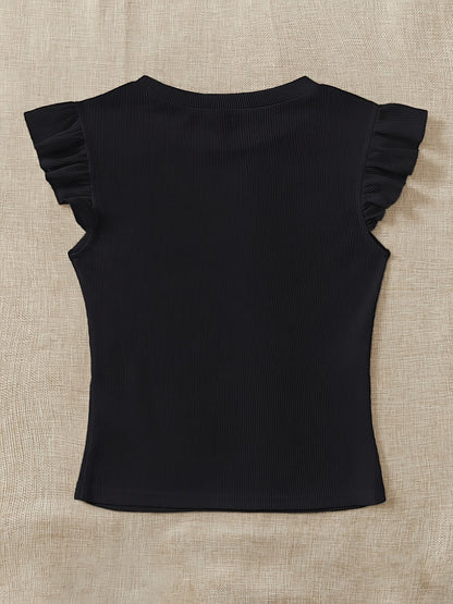 Slim Fit Ribbed Ruffle Sleeve T-Shirt for Women, Summer Chic - ayq