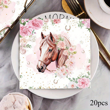 20-Pack Floral Horse Party Napkins - Elegant Pink Roses & Golden Glitter Design, 2-Ply Decorative Paper Tableware for Birthdays, Celebrations, and Festive Occasions, Birthday Party Decorations for Christmas,Newyear,Valentine,