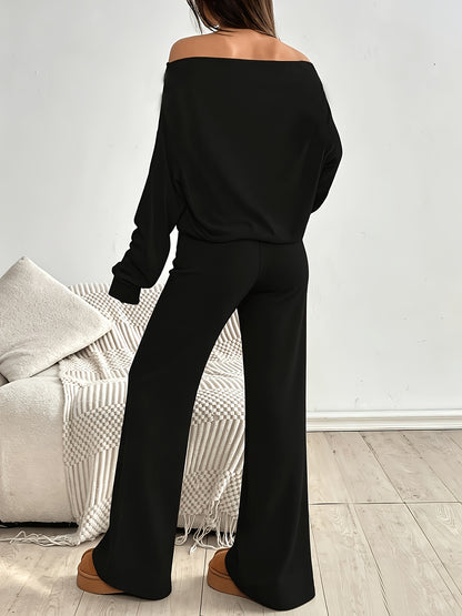 Women’s Off-Shoulder Long Sleeve Crop Top & Wide-Leg Pants Set