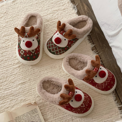 XIXITIAO Women's /Korean Style Winter Slippers - Deer & Reindeer Pattern Cozy Warm Booties, Soft Fabric & Sole for Indoor/Outdoor Use, Cute Animal Shoe for Christmas, Hand Washable