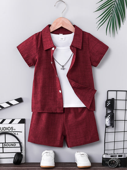 Boys' Summer Button-Up Shirt & Shorts Set - Casual Solid Color