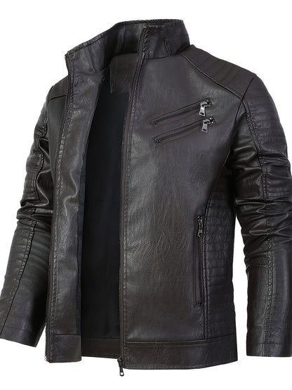 Slim Fit PU Stand Collar Motorcycle Jacket for Adults