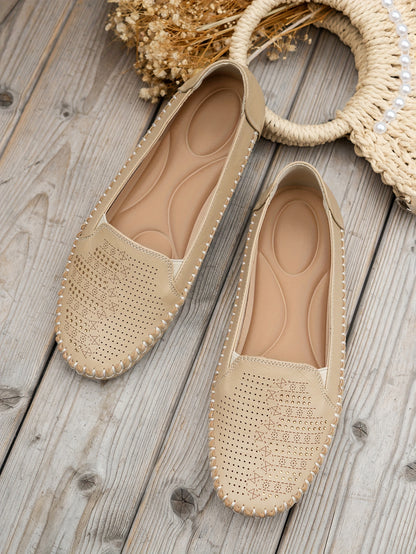 Women's Retro Perforated Flat Shoes, Comfy Breathable Round Toe Slip On Shoes, Casual Outdoor Loafers