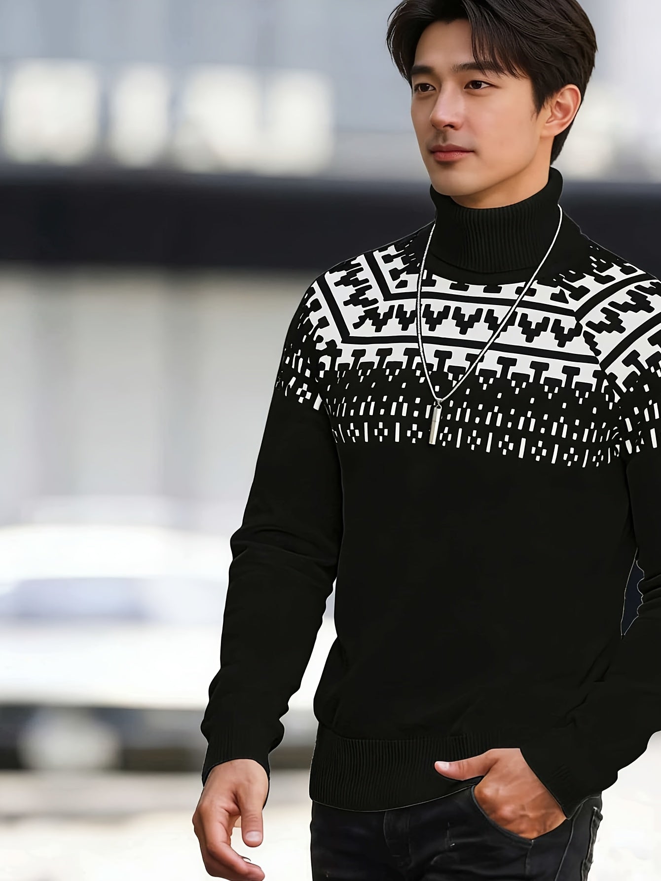 Տղամարդկանց միագույն, վանդակավոր, տաք, բարձր օձիքով, տրիկոտաժե, երկար թևքերով սվիտեր՝ աշնանը և ձմռանը առօրյա հագուստի համար