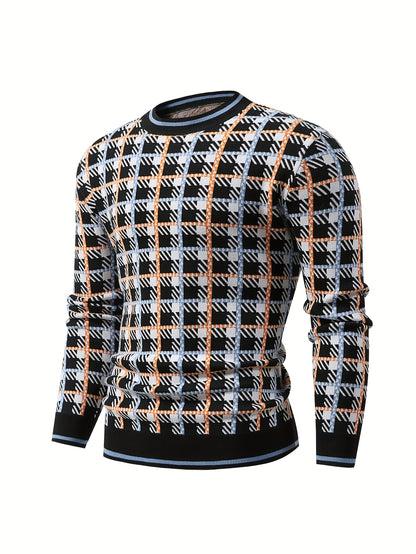 Men's Fashion Geometric Jacquard Plaid Knit Pullover