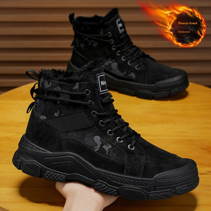 Men's High-Top Winter Boots with -Like Collar & - Heavy-Duty PU Upper, PVC Sole, Beige/Tan Lace-Up Snow Boots for Ice, Slush,, Outdoor (Warm Cold Weather Footwear)