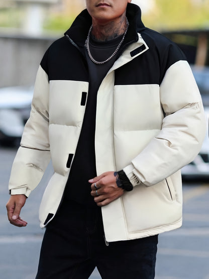 Տղամարդու ձմեռային գունային բլոկներով բաճկոն՝ կանգնած օձիքով - սև և առօրյա տաք վերարկու՝ բացօթյա օգտագործման համար, պոլիեսթերով լցված կայծակաճարմանդ առջևի մասով, սովորական չափսի՝ ցուրտ եղանակի համար, չձգվող գործվածք