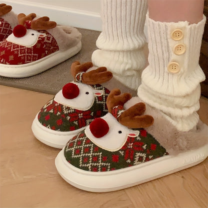 XIXITIAO Women's /Korean Style Winter Slippers - Deer & Reindeer Pattern Cozy Warm Booties, Soft Fabric & Sole for Indoor/Outdoor Use, Cute Animal Shoe for Christmas, Hand Washable