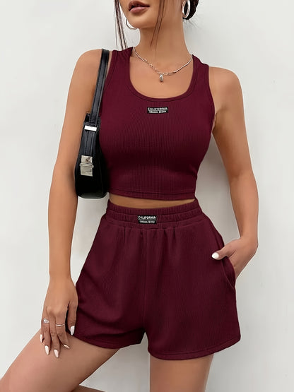 Women's Summer Ribbed Tank Top and Shorts Set - Slim Fit Sportswear