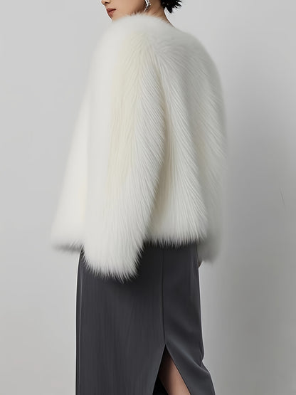 Women's Elegant White Fake Fur Coat - Winter Jacket with Fluffy Collar, Machine Washable Cold Weather Outerwear for Formal & Everyday Events, Luxury Non-Stretch Coat for Women, Ladies Winter Coats, Seasonal Fashion, Sophistic