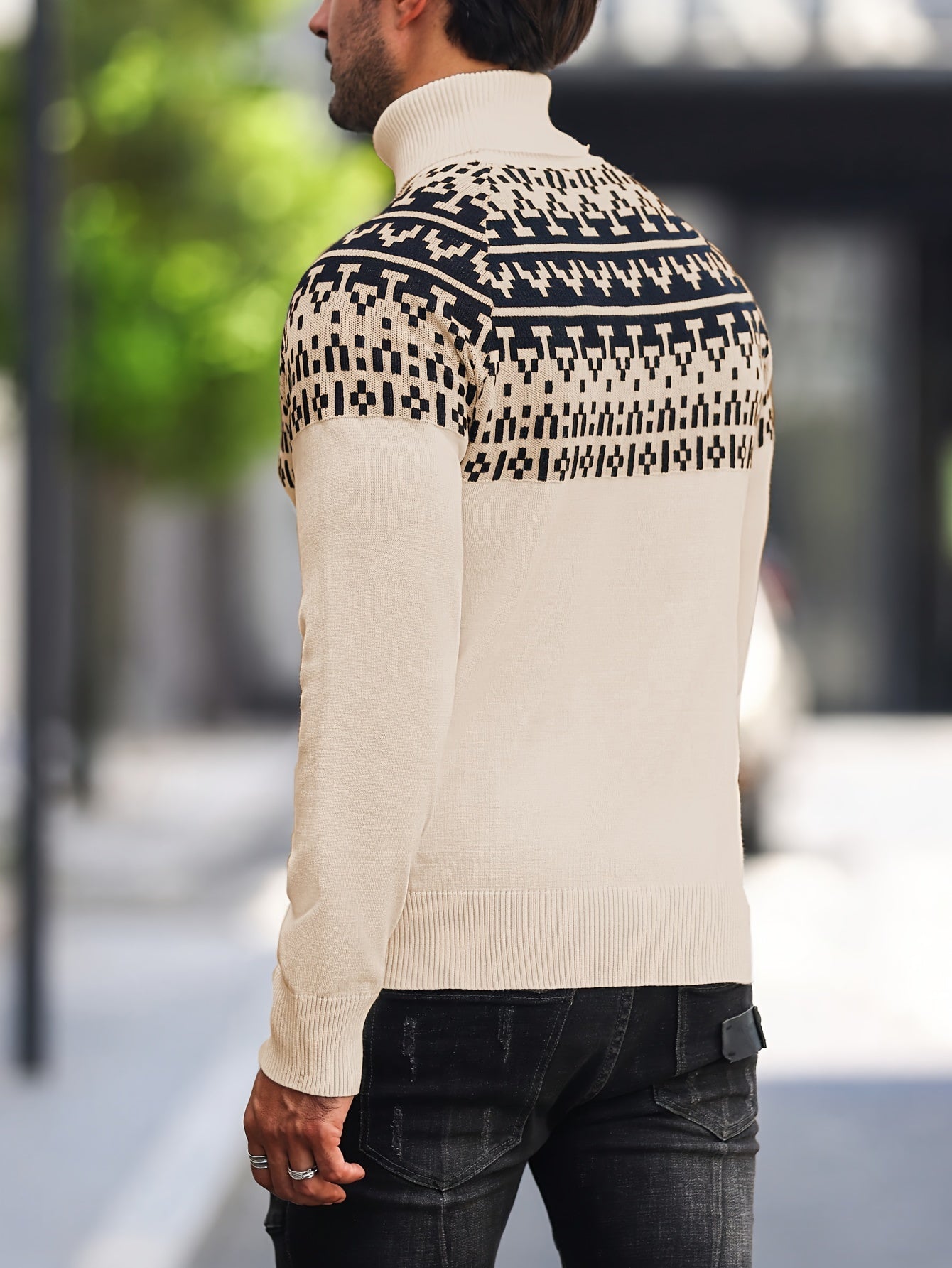 Տղամարդու երկրաչափական գրաֆիկական նախշերով տրիկոտաժե սվիտեր, աշնանային ձմեռային երկար թևքով կրիայով վզնոցով, բացօթյա հագուստի համար