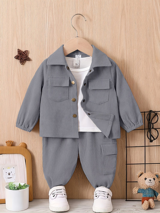 2pcs Boys' Casual Outfit Set - Light Gray Polyester Cargo Pants & Button-Up Shirt with Pockets, Machine Washable - Perfect for Fall/Winter, Autumn Toddler Outfit|Cargo Pants Outfit|Functional Pockets Design, Perfect for Outdo