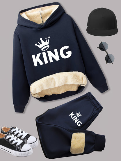 2pcs Boys' Fleece-Lined Thickened Warm Hoodie + Pants Set, Stylish Letter Print Winter Comfortable Sportswear Outfit for Kids Casual Leisurewear, Perfect for, Blanket Hoodie Kids