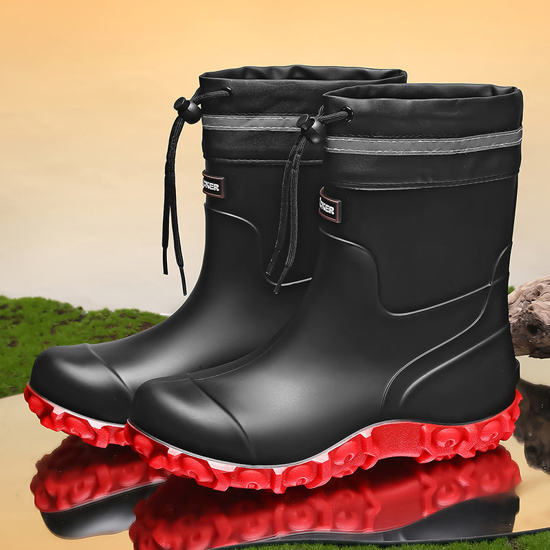 Men's Waterproof PU Rain Boots with Fleece Lining, Mid-Calf