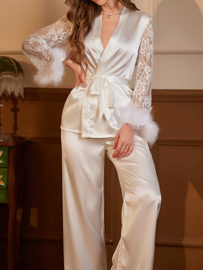Women's Long Pajama Set with Contrast Lace and Fuzzy Sleeves in White