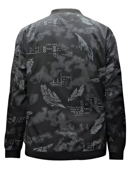 Men'S Lightweight Preppy Bomber Jacket with Feather & Star Print, Stand Collar, Zip-Up, Loose Fit, Polyester Lining, Casual Streetwear Style, Casual Outerwear | Star Pattern Jacket | Zippered Jacket