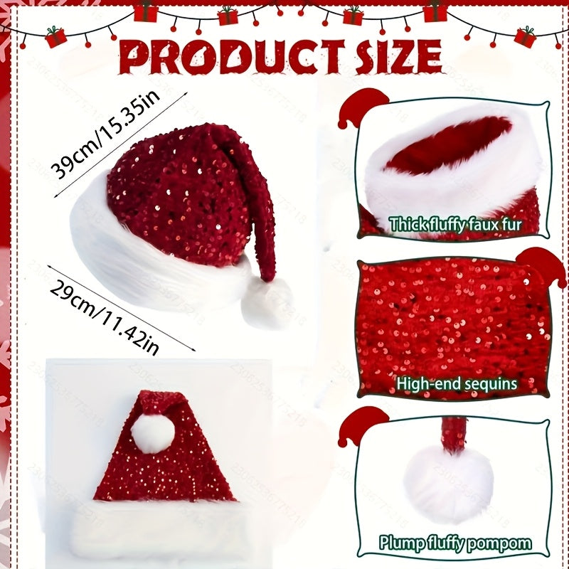 1pc Shiny Christmas Hat, Red Santa Claus Party Hat for Christmas New Year, Snowman Hat for Halloween Party, Santa Hat for Adults and Boys Girls, Double Layer Plush Trim Shiny Christmas Hat, for Holiday Parties and New Year Ce