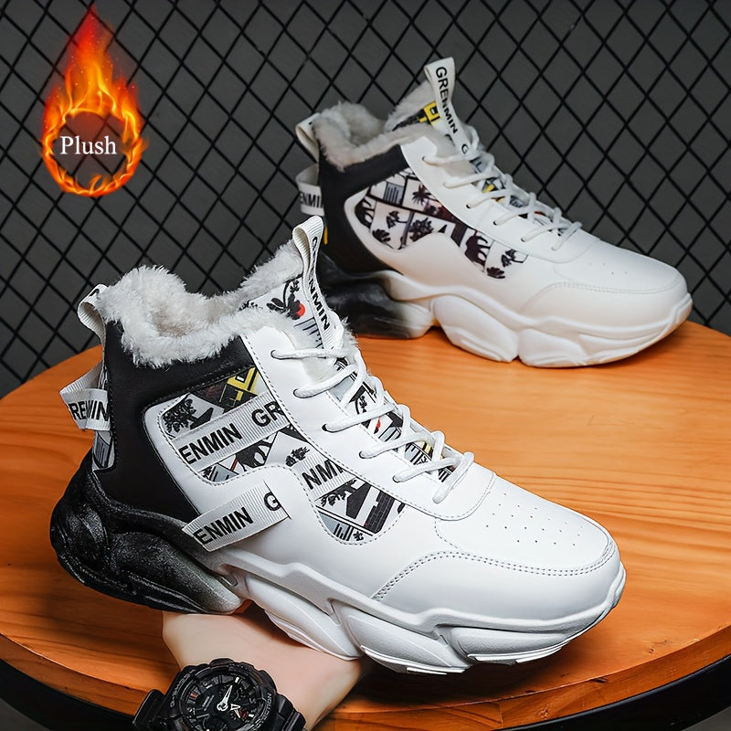 Men's High-Top Sneakers - Winter-Ready Upper & Cushioned EVA Sole, White/Black/Gray/White Colorway with Lace-Up Closure, Round Toe & Arch Support - Casual & Formal Winter Shoes for Men, Gym, Casual Attire - All-Terrain Tracti