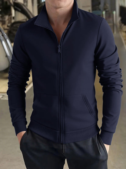 Men's Solid Color Green Full-Zip Stand Collar Jacket - Lightweight Workwear Coat with Zippered Pockets, Machine Washable, Regular Fit for Gym, Hiking, Casual & Outdoor Activities - Versatile All-Season Outerwear