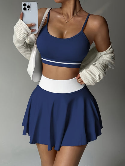 Women's Breathable Backless Sports Bra and High-Waist Pleated Skirt Se