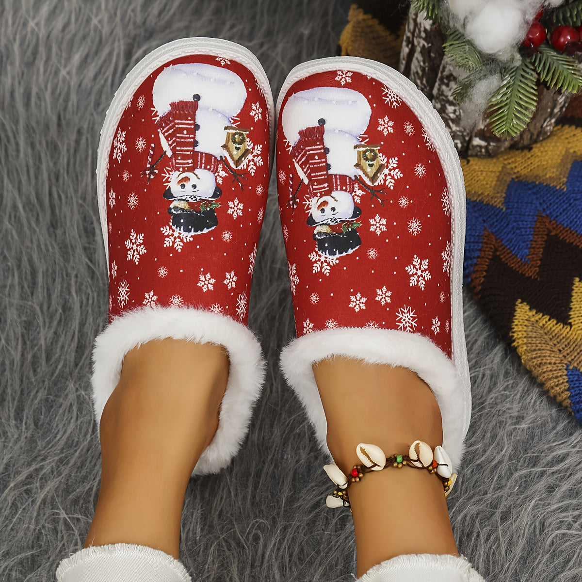 Women's Winter Plush Slip-On Moccasin Slippers with Faux Fur Trim - Red & White Snowflake & Hearts Design, Soft PU Sole & Cozy Lining, Red/White/ Color Options, Casual Winter Shoes for Indoor/ Use, Hand Washable (Ideal for Ch